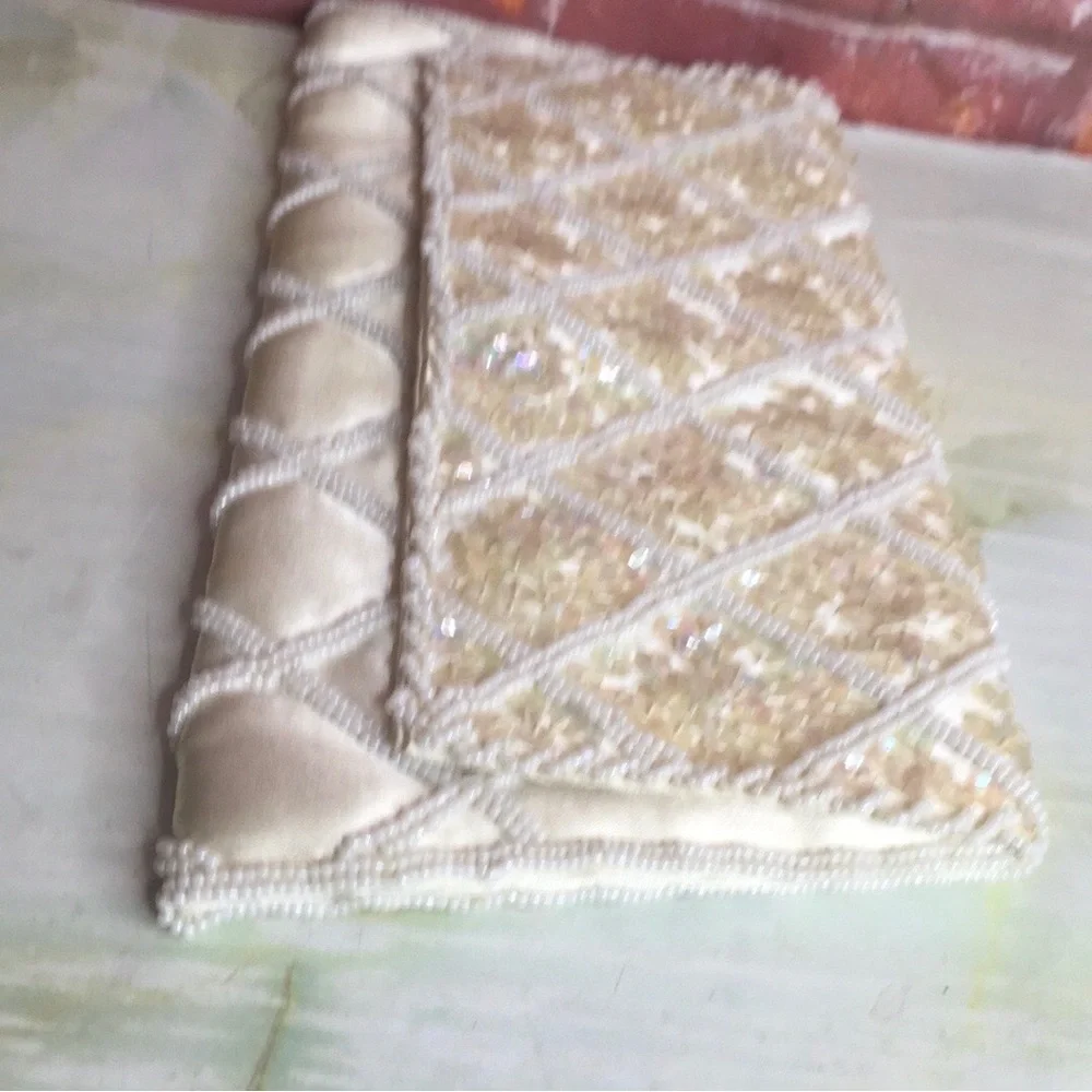 Vintage David's Import MCM Beaded Ivory Satin Clutch